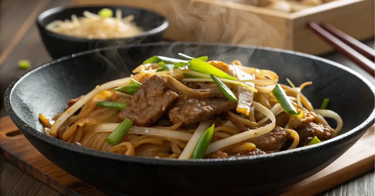 beef chow foon in wok with wide rice noodles and scallions