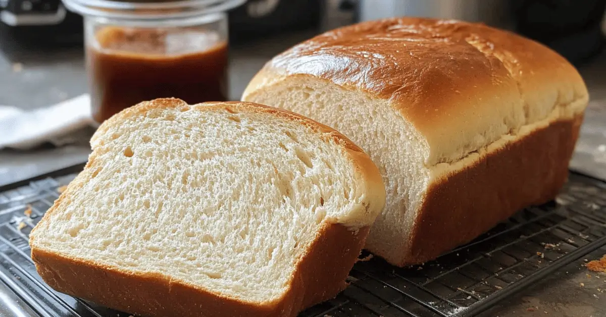 fresh bread machine bread loaf steaming on cutting board