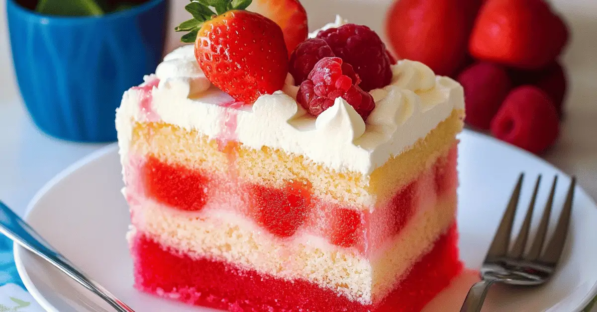 Moist cake using Jello with red and green stripes and whipped topping