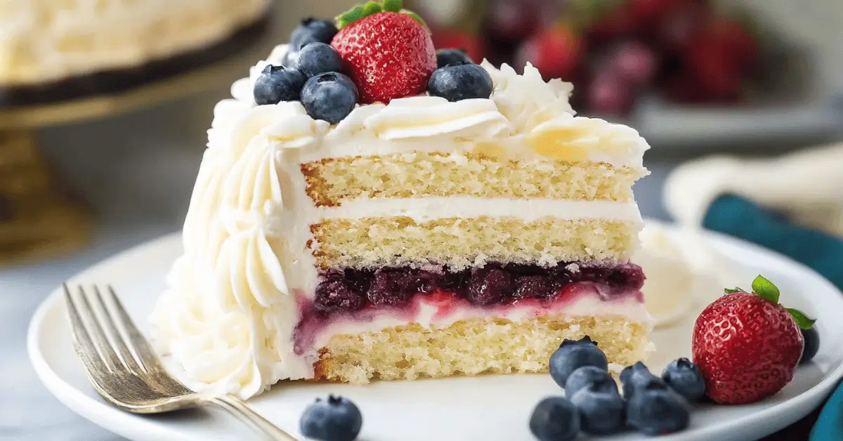 chantilly cake topped with berries and cream close up