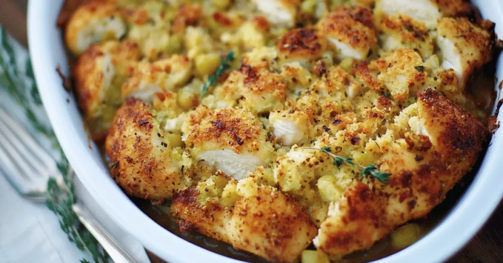 Chicken and dressing baked to golden perfection in casserole