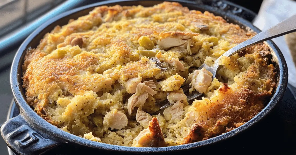 Southern chicken and dressing recipe fresh out of the oven