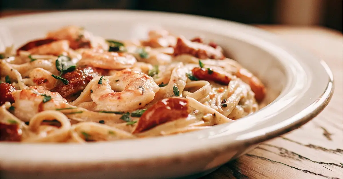 chicken and shrimp pasta in garlic cream sauce