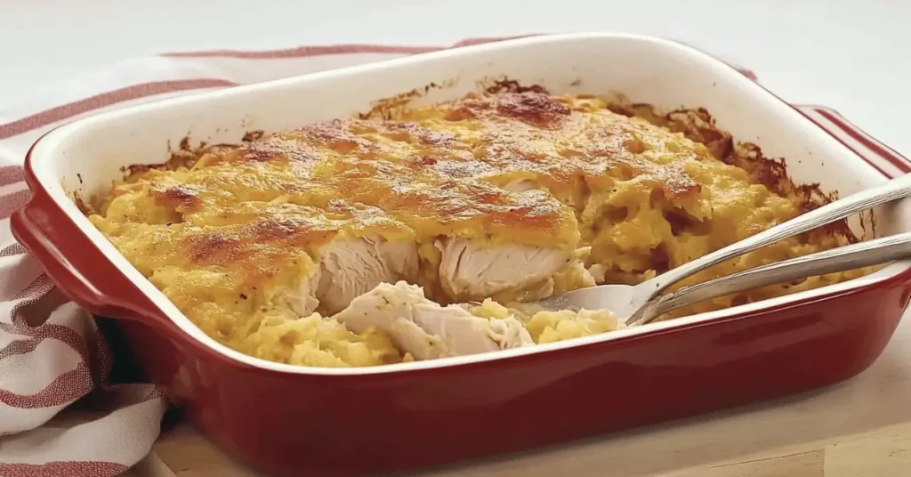 Classic chicken dressing recipe baked golden brown in a rustic white casserole
