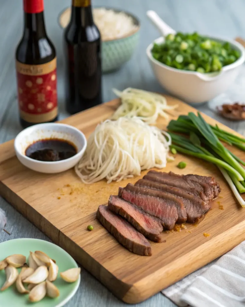 chow foon ingredients flat lay rice noodles beef soy