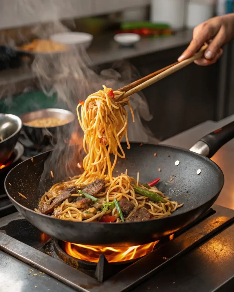 chow foon noodles stir-fry wok flame