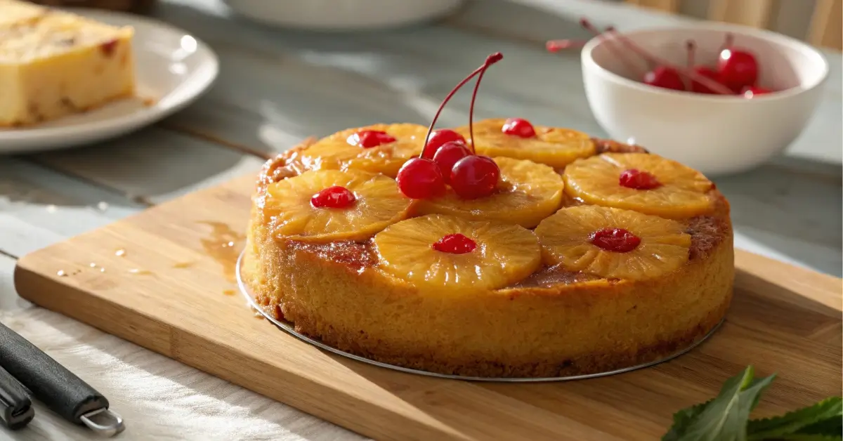 close-up of moist pineapple cake with glazed fruit topping