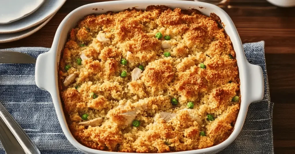 Southern-style cornbread dressing with chicken fresh from the oven