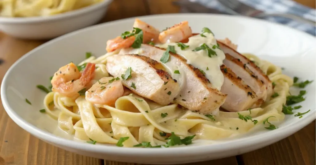 creamy chicken shrimp pasta recipe close up