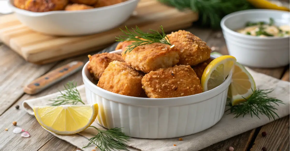 crispy air fryer salmon bites served with lemon