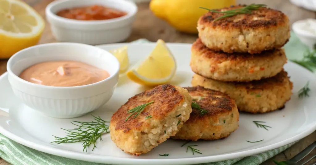 crispy salmon patties on a plate with lemon wedges