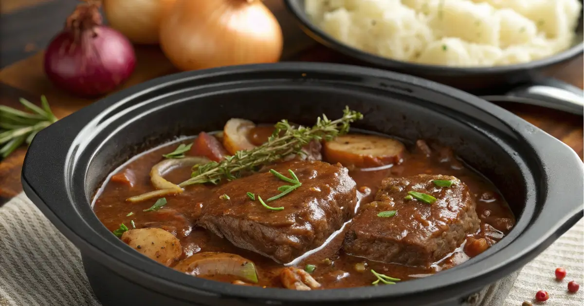 crock pot cube steak and gravy with mashed potatoes