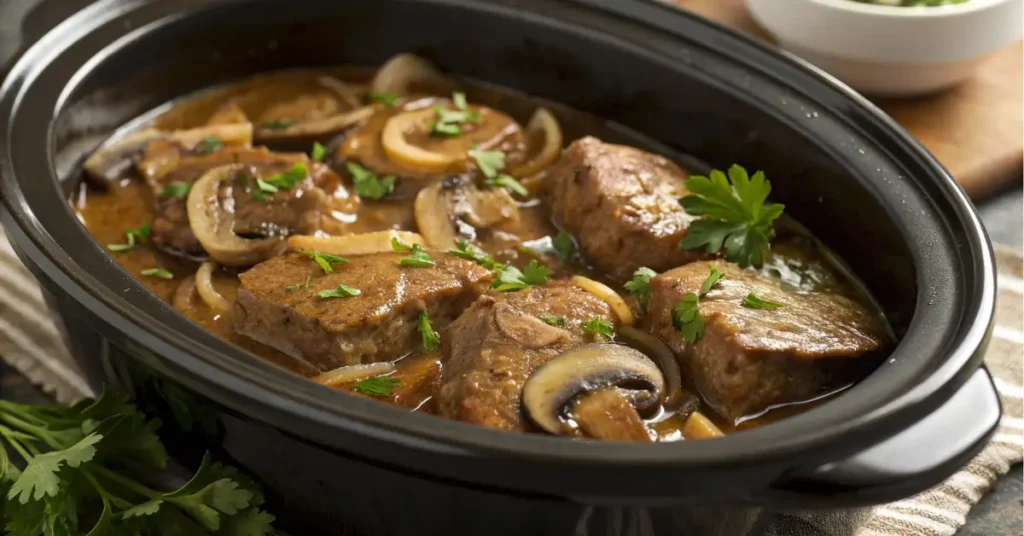 cube steak in crock pot with gravy and mushrooms