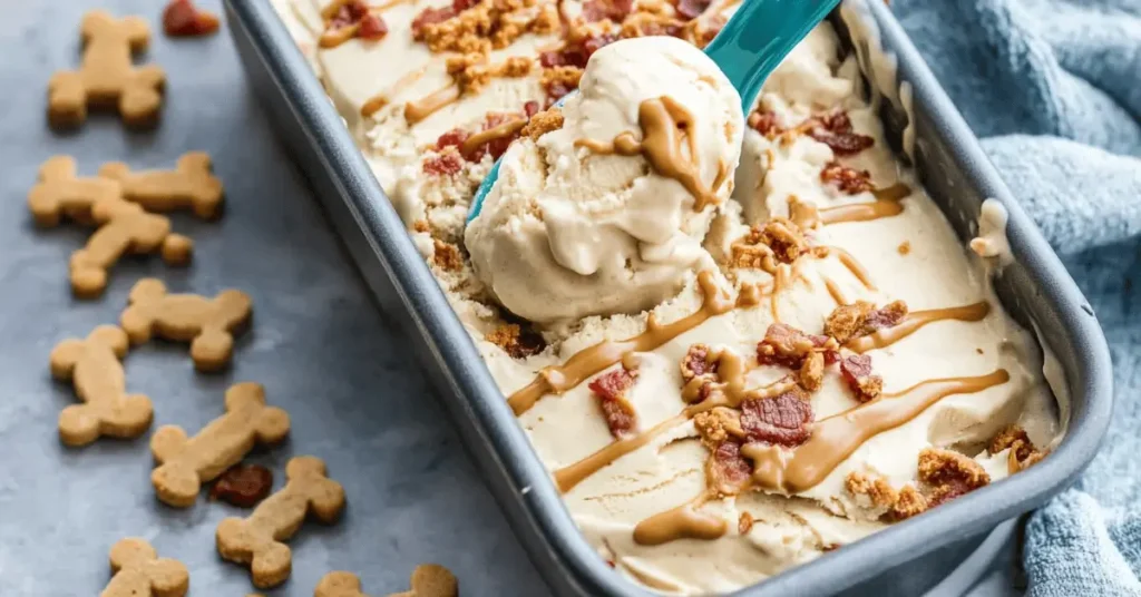 Golden retriever licking banana peanut butter dog ice cream treat