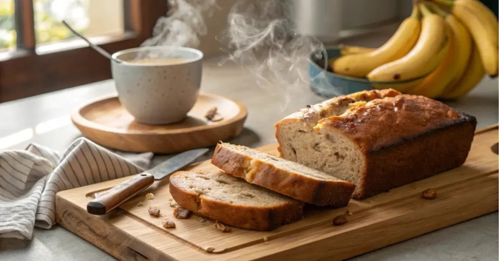 fresh 3 ingredient banana bread sliced warm on board
