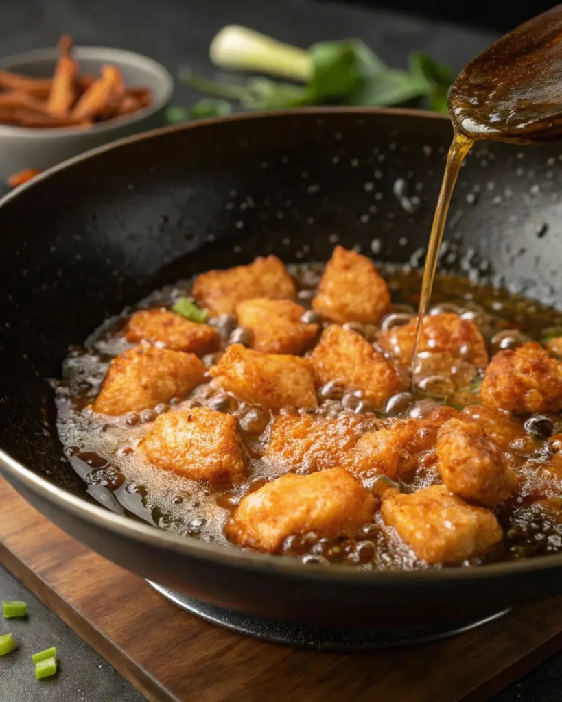 frying copycat panda express orange chicken in wok
