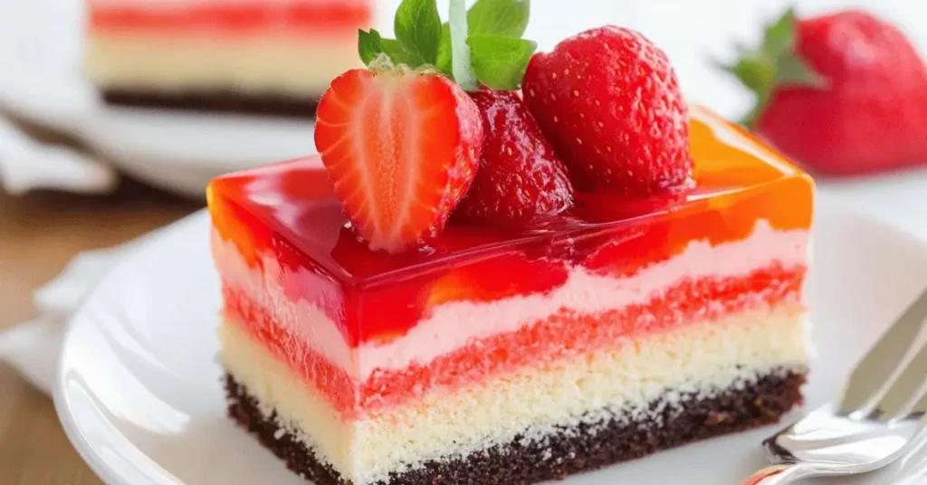 Close-up of sliced Jello cake with whipped topping