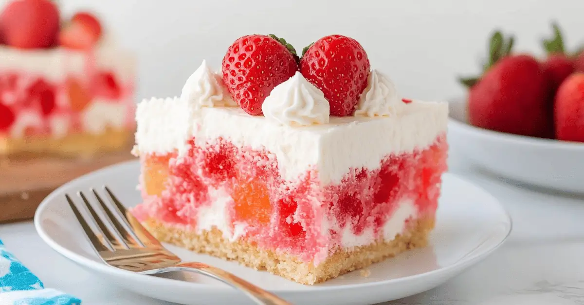 Jello poke cake with strawberry gelatin and whipped cream topping