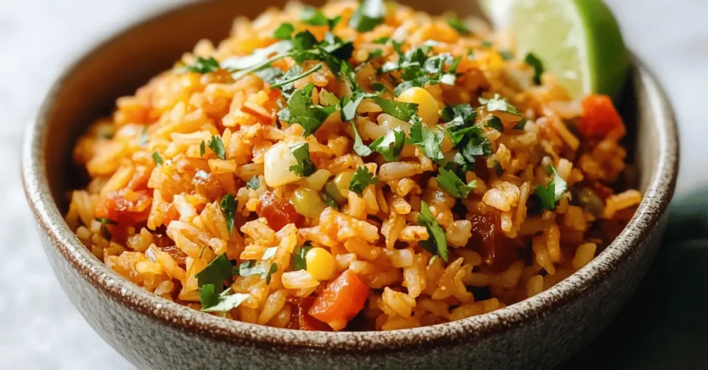Authentic Mexican rice recipe with tomato and peas in a clay bowl