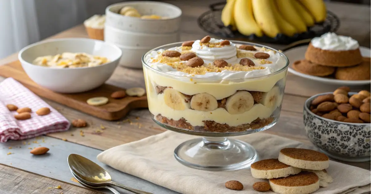 not yo mama's banana pudding dessert in trifle bowl