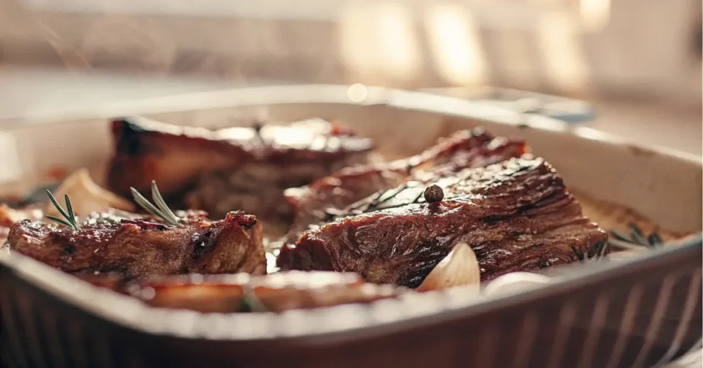 oven-baked short ribs recipe in cast iron pan with rosemary