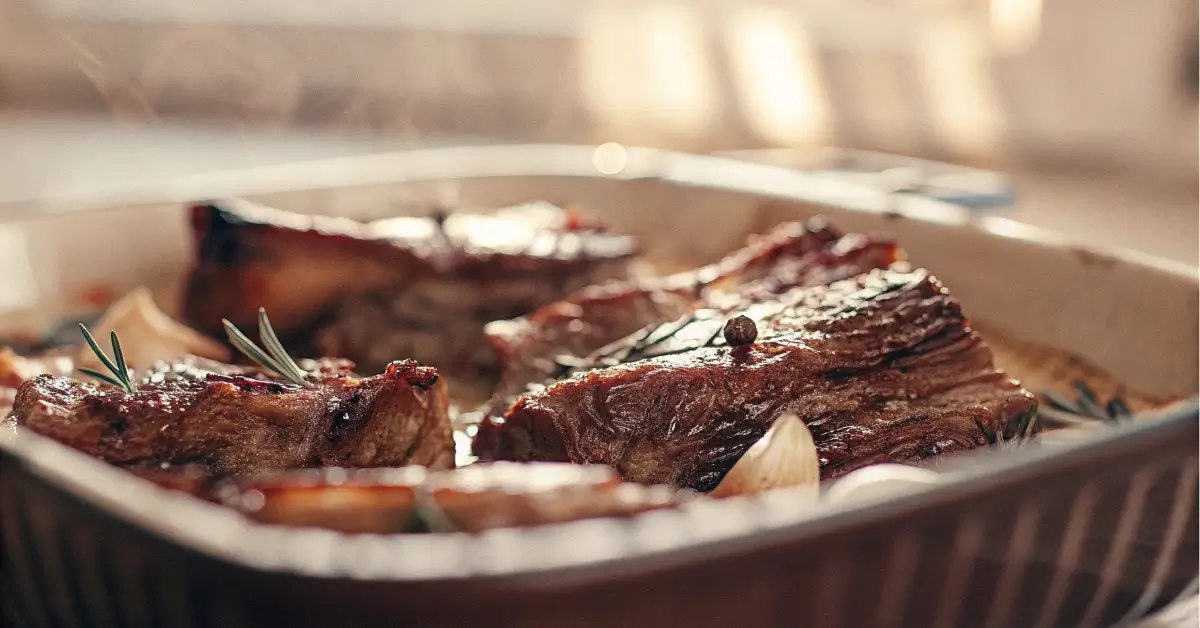 oven-baked short ribs recipe in cast iron pan with rosemary