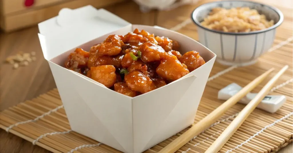 panda express orange chicken served with rice in takeout box
