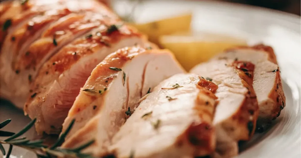 perfectly baked thin chicken breast sliced on plate