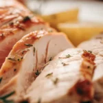 perfectly baked thin chicken breast sliced on plate