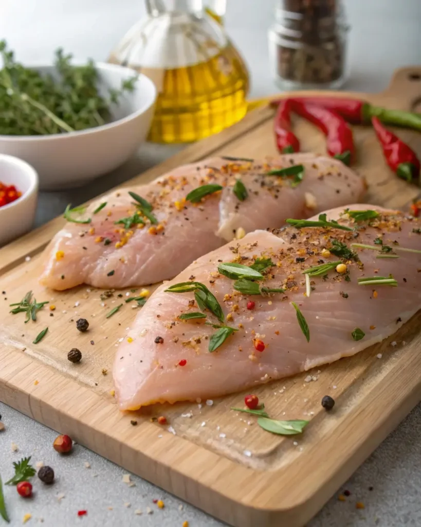 seasoned thin chicken breasts on cutting board