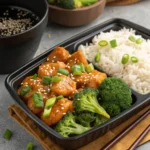 serving copycat panda express orange chicken with rice