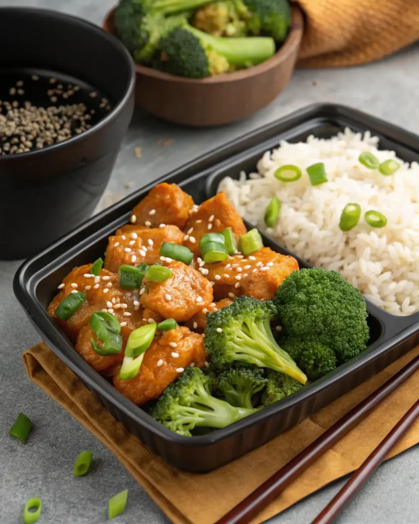 serving copycat panda express orange chicken with rice