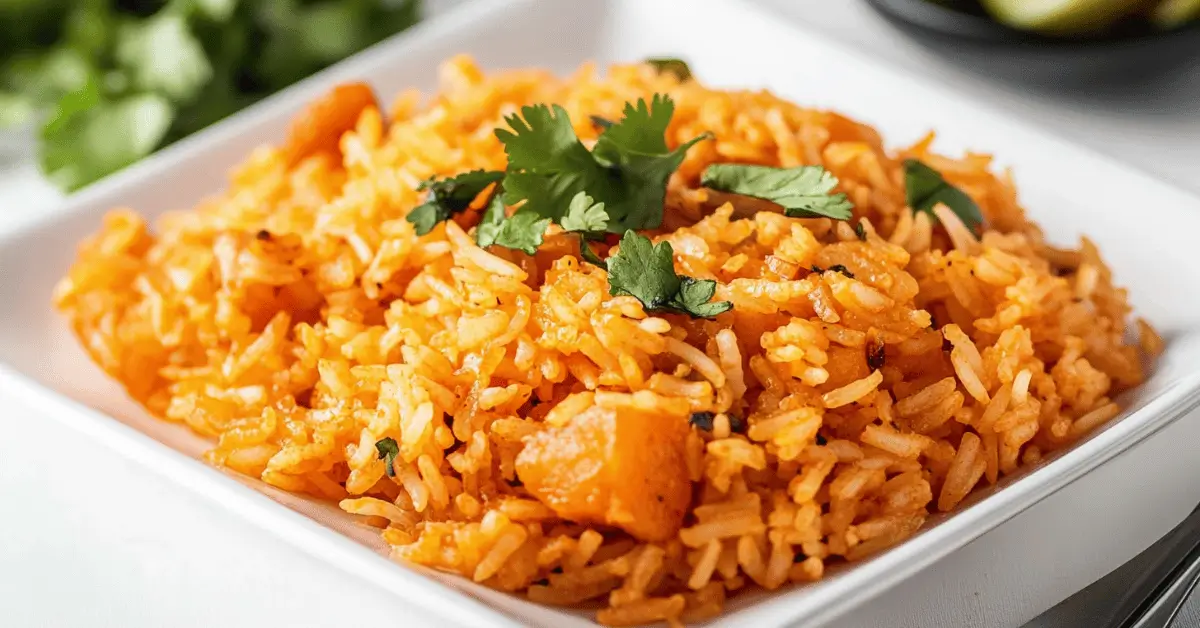 Steaming plate of Spanish rice with cilantro