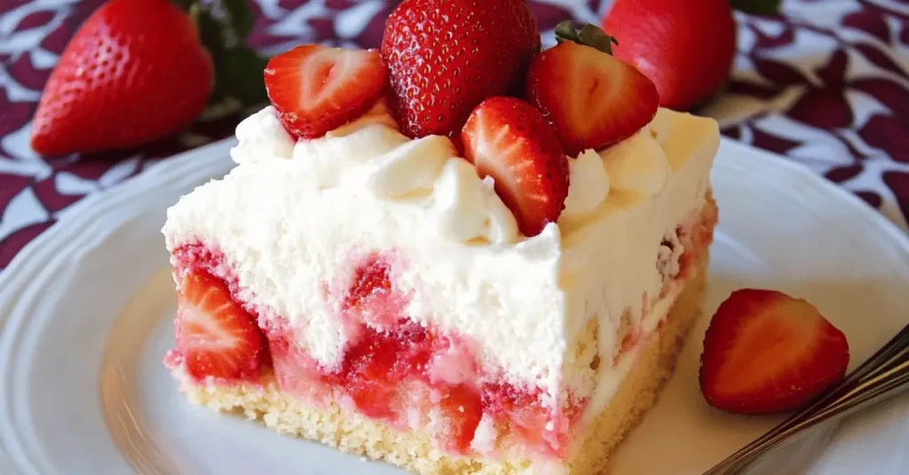 Strawberry poke cake recipe with whipped topping and fresh strawberries on rustic table