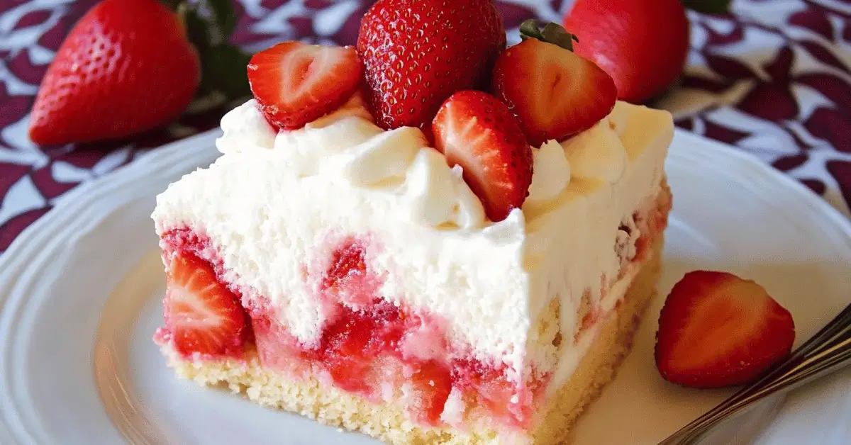 Strawberry poke cake recipe with whipped topping and fresh strawberries on rustic table