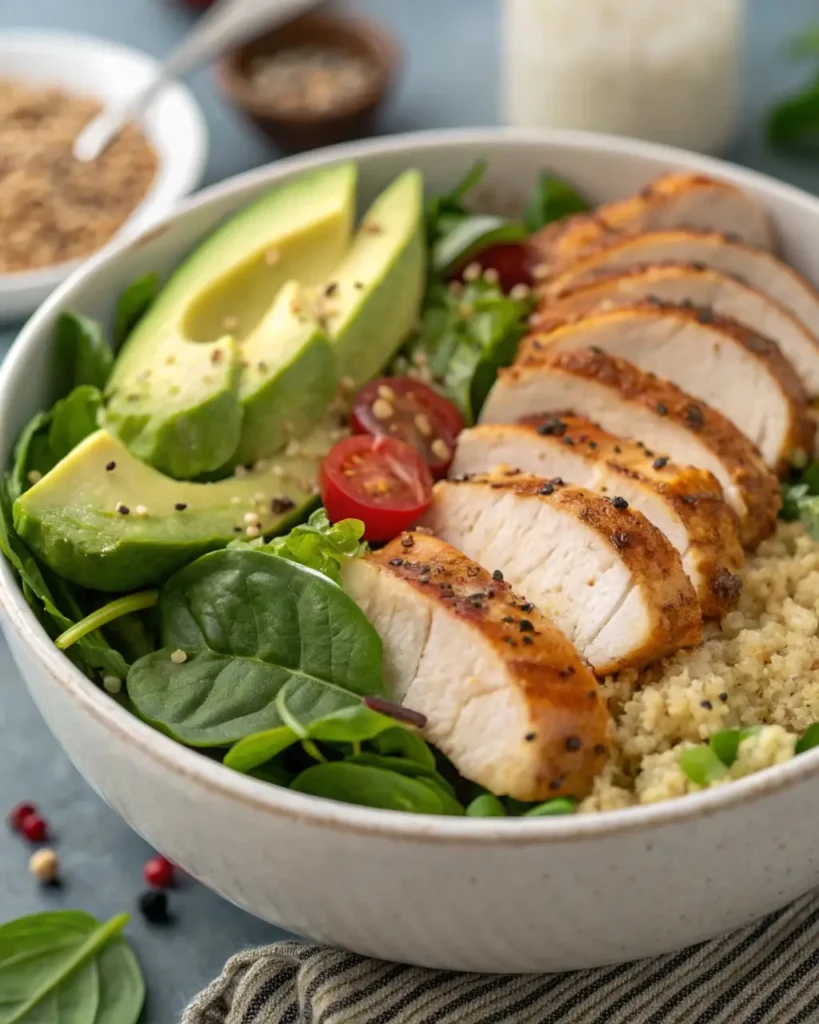 thin baked chicken breast in salad bowl