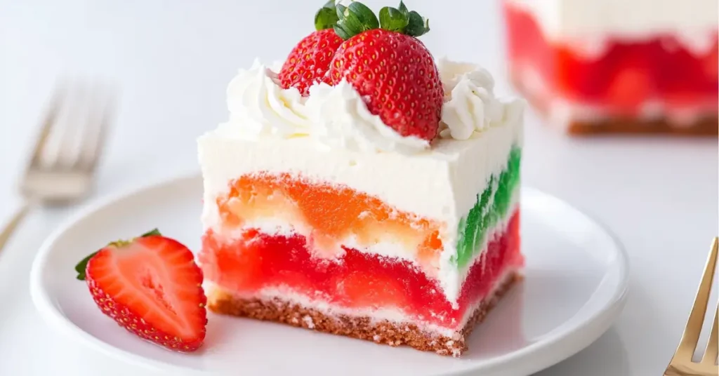 vibrant jello cake slice with gelatin stripes