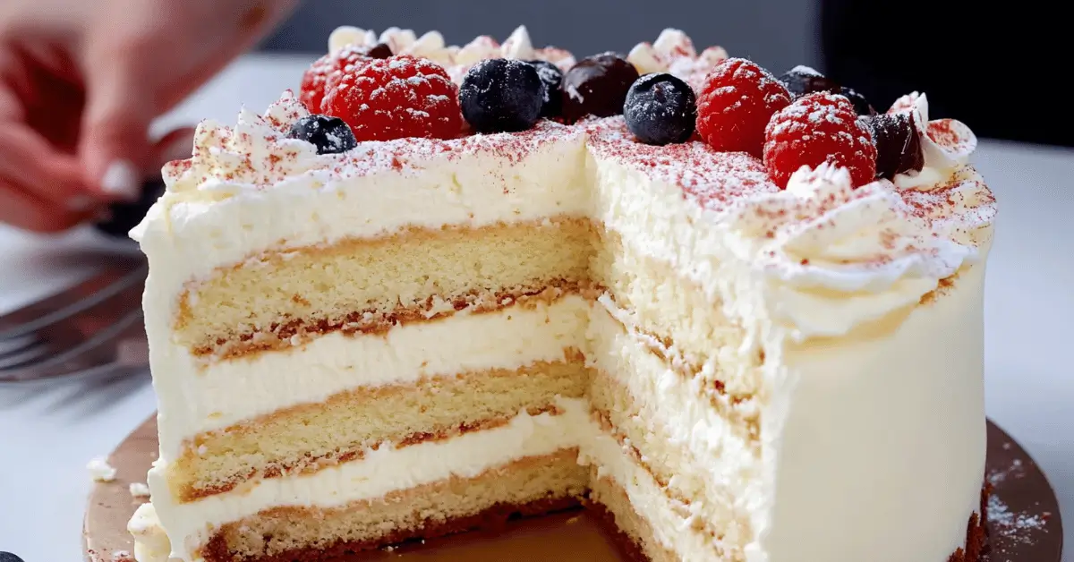 Whole Chantilly cake topped with fresh berries