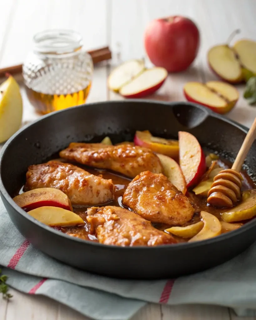 Apple and honey-glazed chicken tenders recipe in skillet