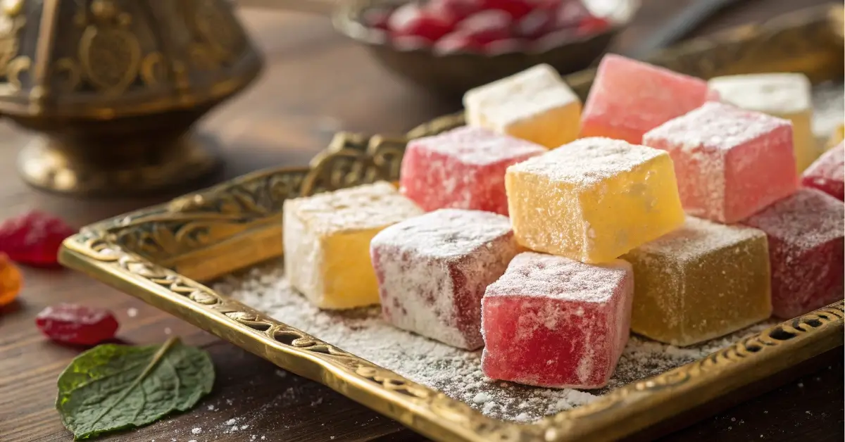 Assorted traditional Turkish delight candy cubes dusted with powdered sugar