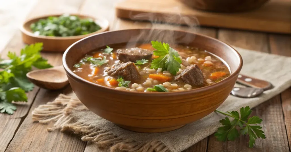 Beef barley soup recipe close-up