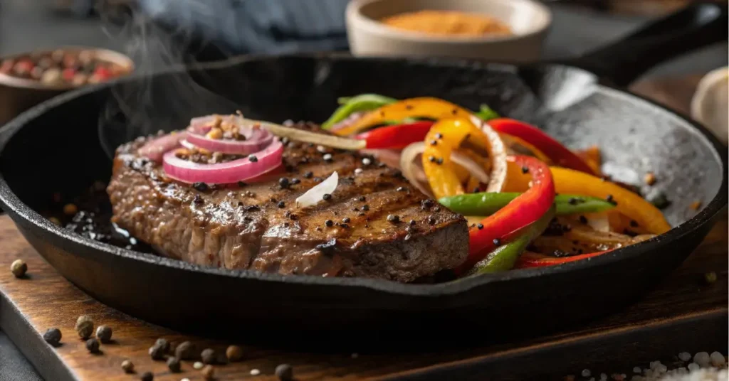Black pepper angus steak sizzling in a pan