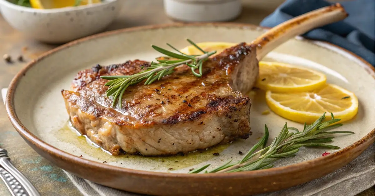 Bone-in chop veal cooked perfectly on a rustic plate