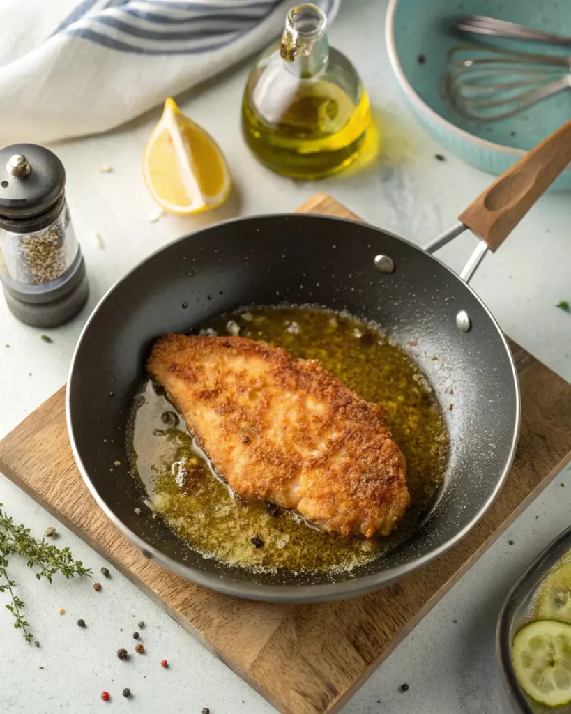 Chicken Milanese frying in dairy-free olive oil