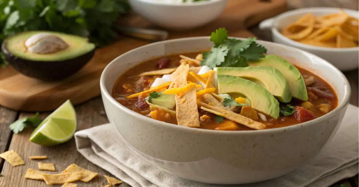 Chicken Tortilla Soup Crock Pot served with toppings