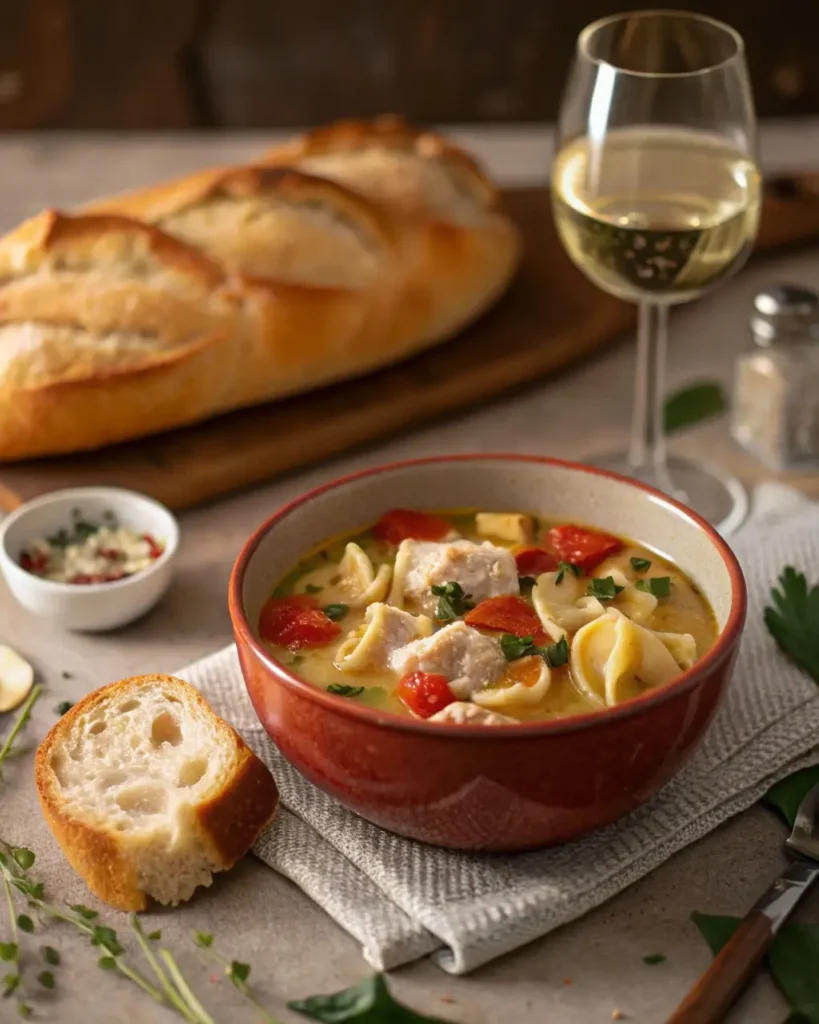 Chicken tortellini soup with bread and white wine pairing