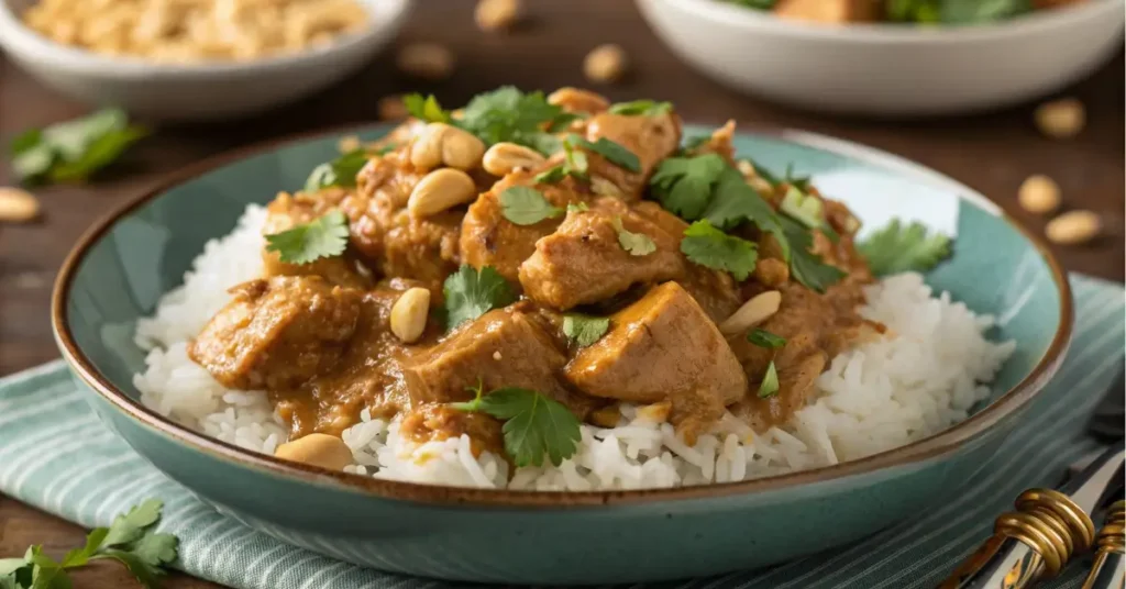 Chicken with peanut butter recipe served hot over rice