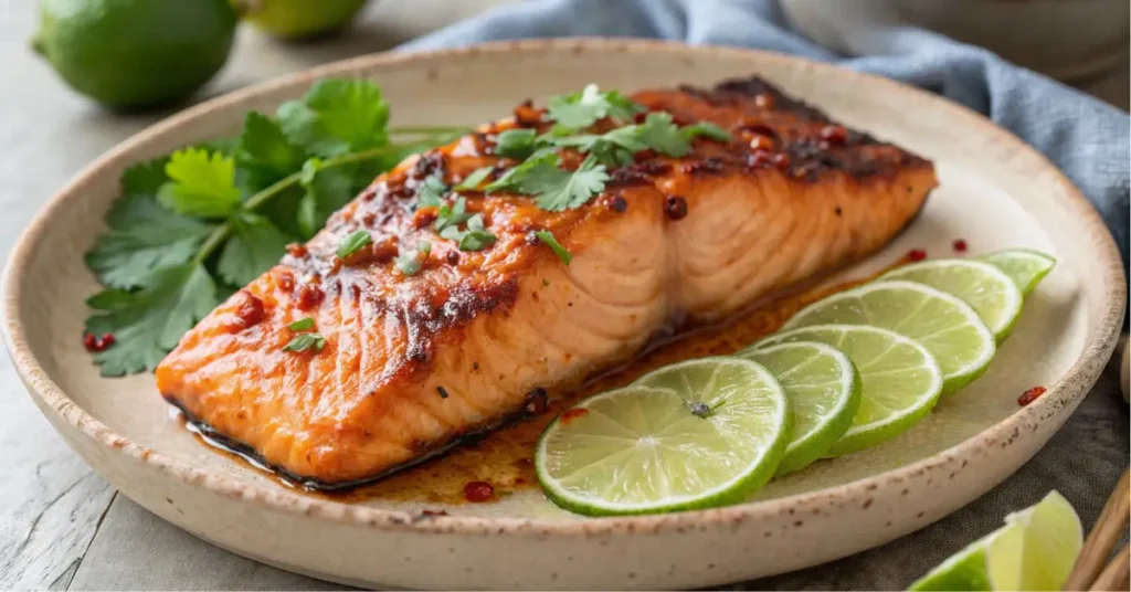 Close-up of sweet chili salmon with glaze and garnishes