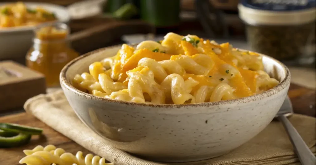 Creamy macaroni and cheese bowl with melted cheese on spiral pasta
