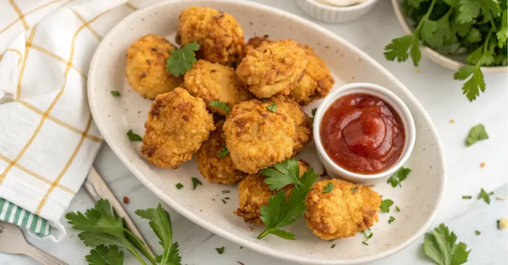 Crispy air fryer chicken bites served with dip